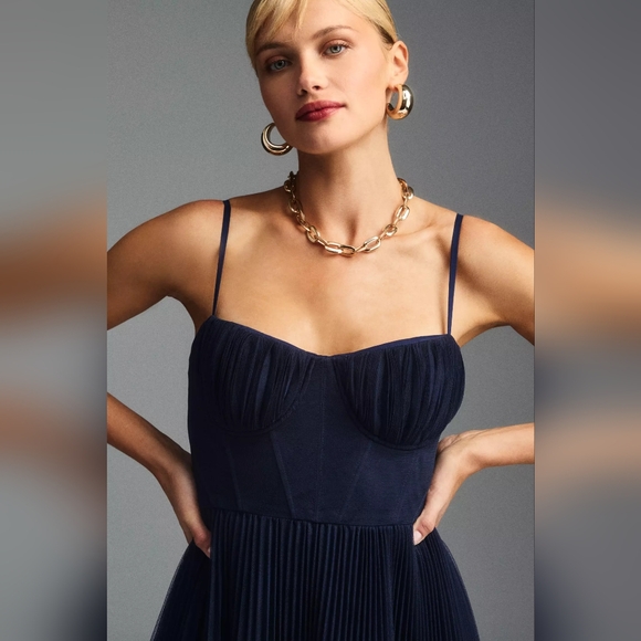 Anthropologie Hutch Amara Bustier Pleated Tulle Fit & Flare Midi Dress Navy 10 - Picture 3 of 8